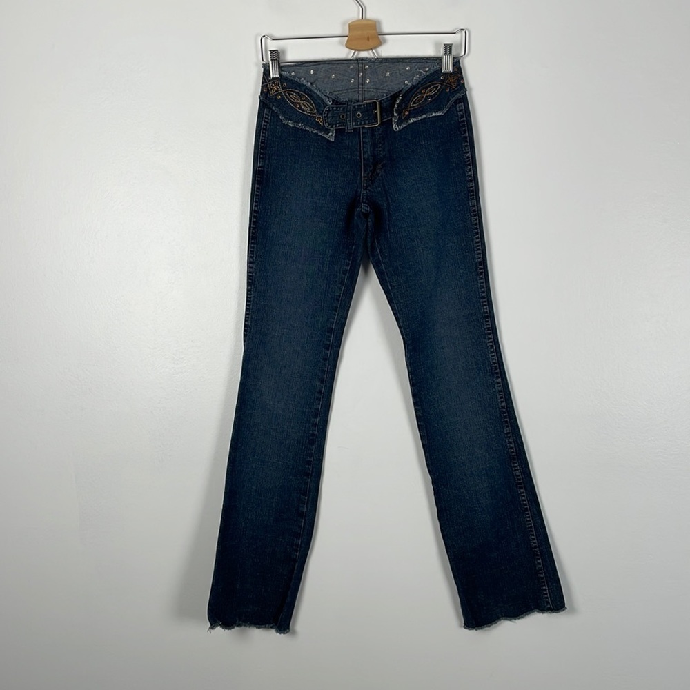 Jordache no pocket raw hem waist attached 1/2 belt straight leg vintage jeans 27